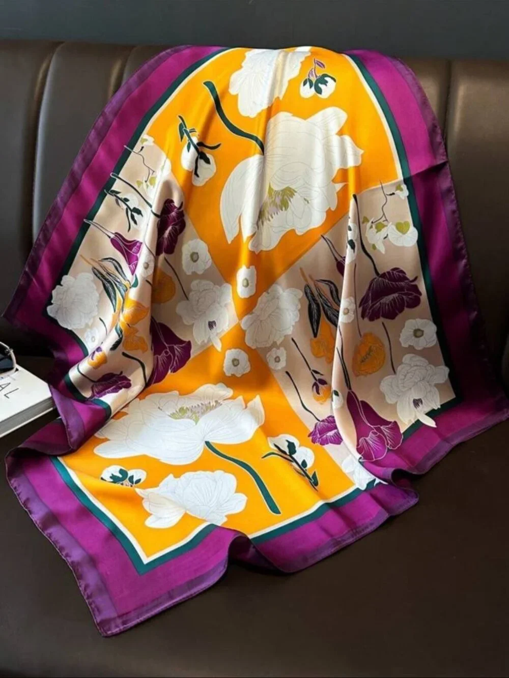 ✨Luxury Silky Satin Scarf Bandana Yellow Purple Color Block Floral Soft Wrap